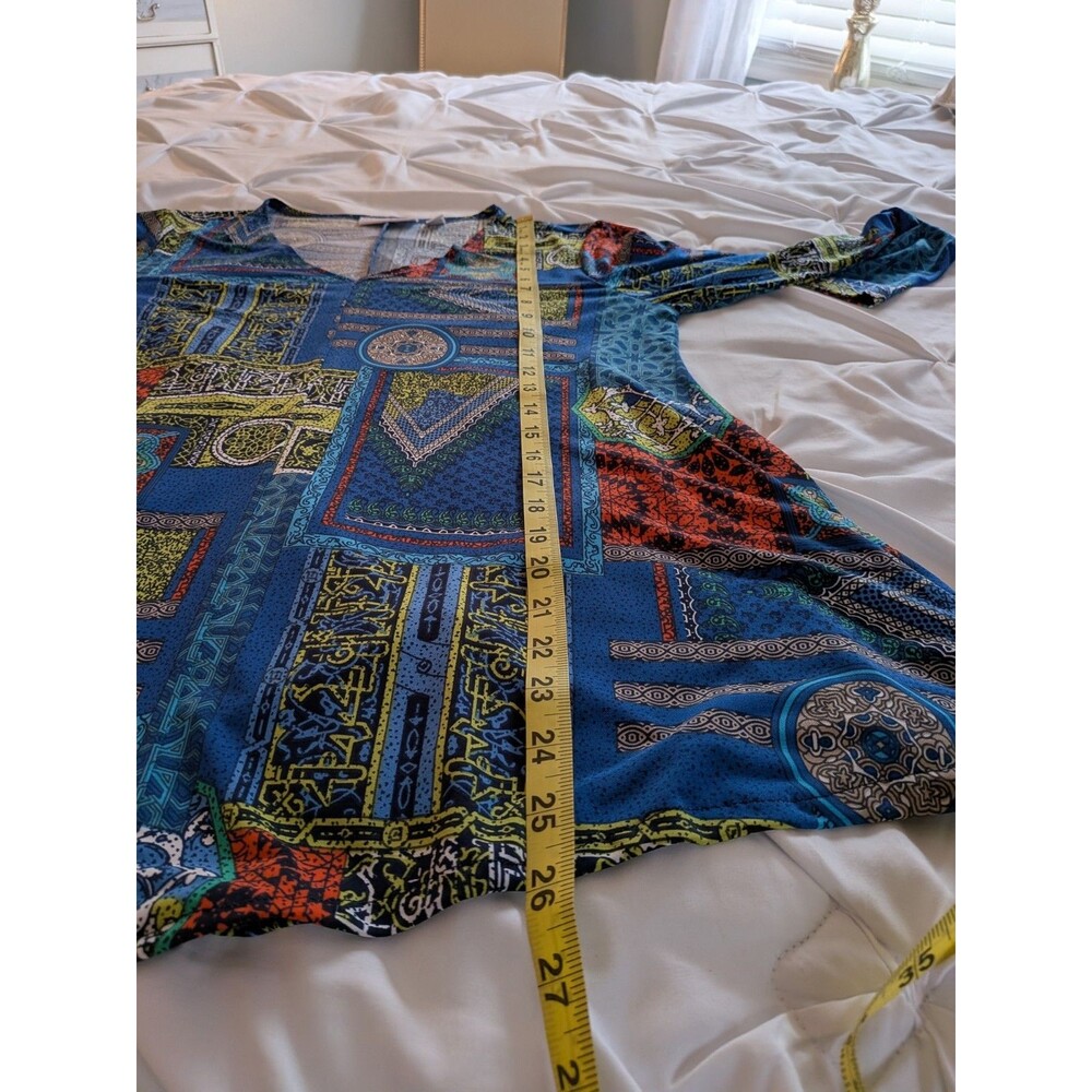 Attitudes by Renee Top Women MP Aztec Blue Orange Abstract Art LiquidKnit Blouse - Picture 10 of 10
